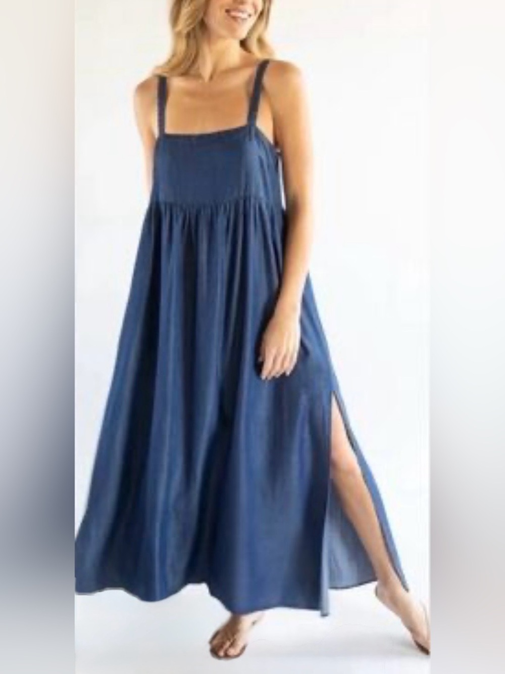 Natural Life XS Lyocell Chambray Denim Blue Maxi Dress Boho Lagenlook Minimalist